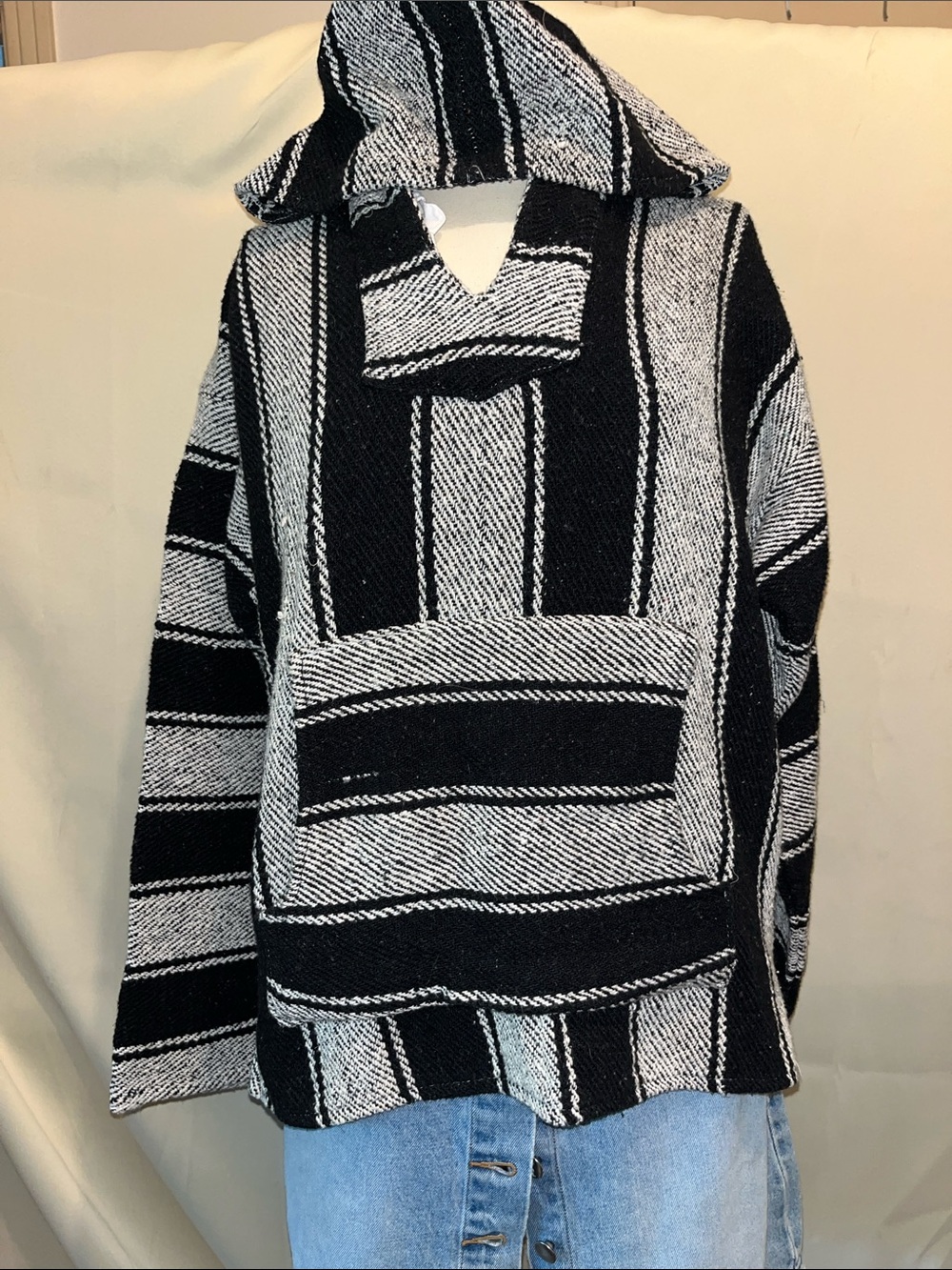 Vintage Striped Hooded Baja Pullover in Black & White